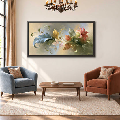 Curving blue, cream and warm red lily-like flowers on a softly shaded background single framed canvas wall art styled in an interior