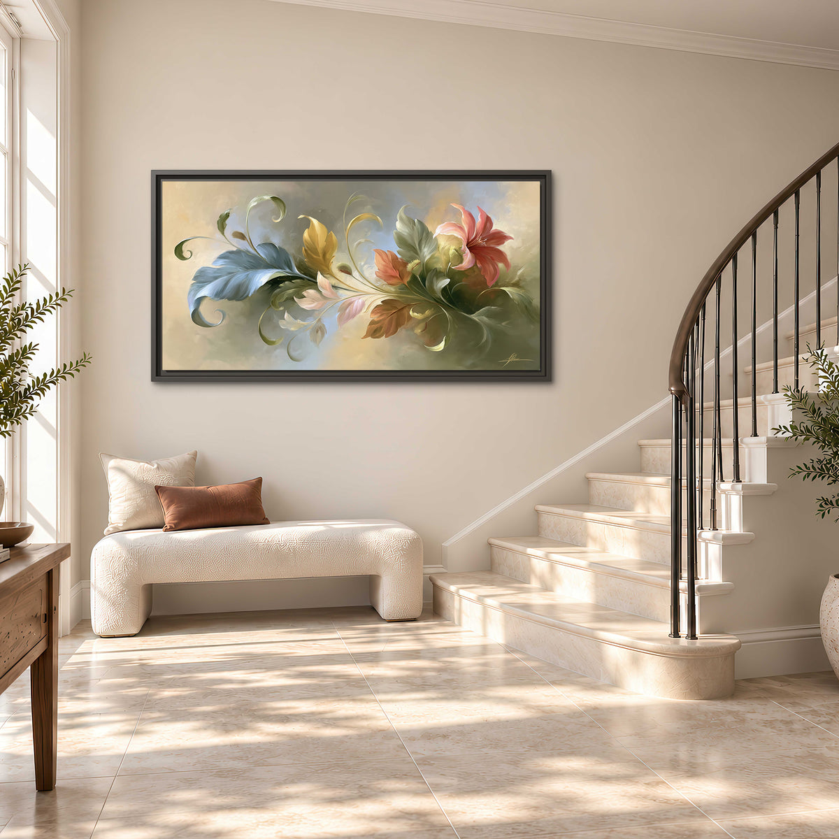 Curving blue, cream and warm red lily-like flowers on a softly shaded background single framed canvas wall art styled in an interior