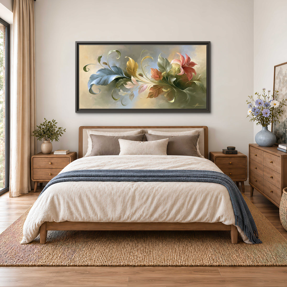 Curving blue, cream and warm red lily-like flowers on a softly shaded background single framed canvas wall art styled in an interior