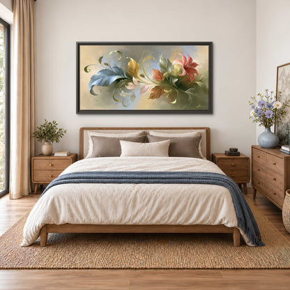 Curving blue, cream and warm red lily-like flowers on a softly shaded background single framed canvas wall art styled in an interior
