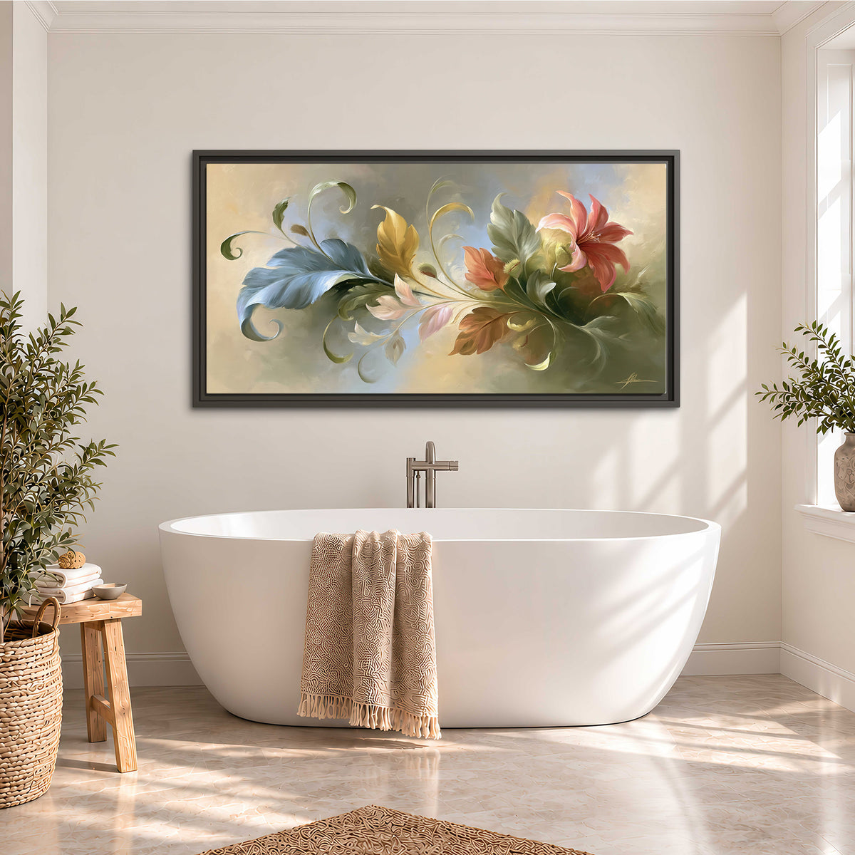 Curving blue, cream and warm red lily-like flowers on a softly shaded background single framed canvas wall art styled in an interior