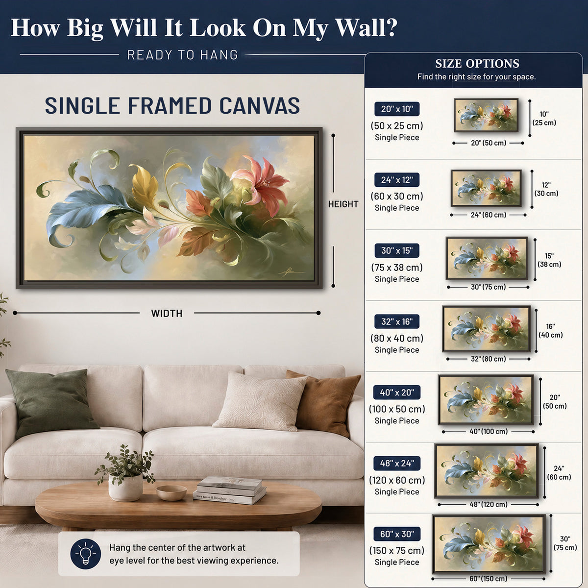 Curving blue, cream and warm red lily-like flowers on a softly shaded background single framed canvas wall art size guide above a sofa; room view is illustrative