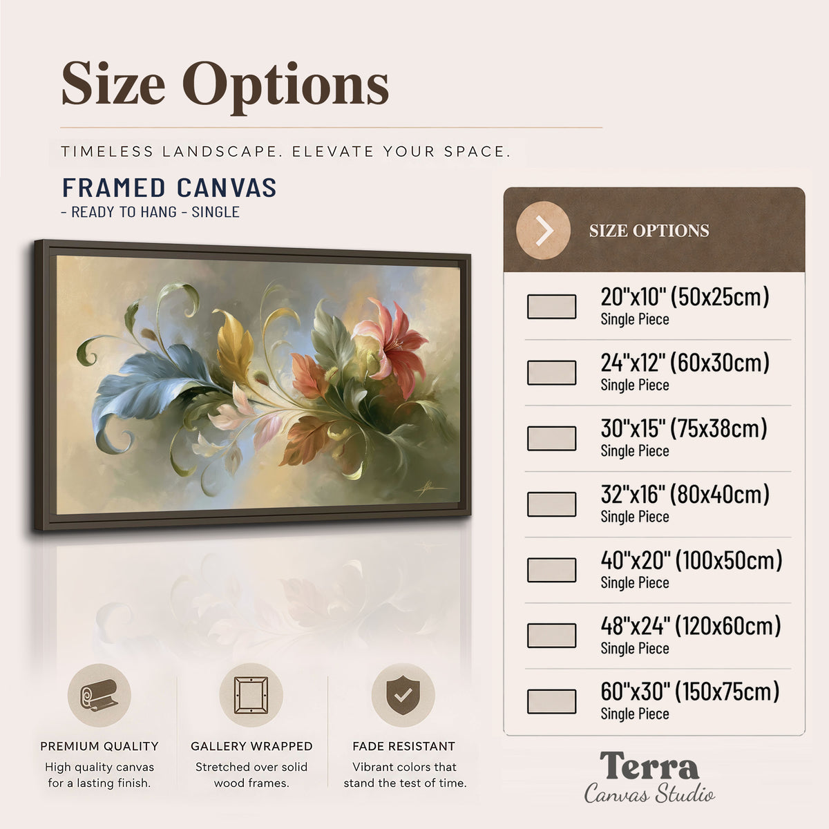 Curving blue, cream and warm red lily-like flowers on a softly shaded background single framed canvas wall art available dimensions
