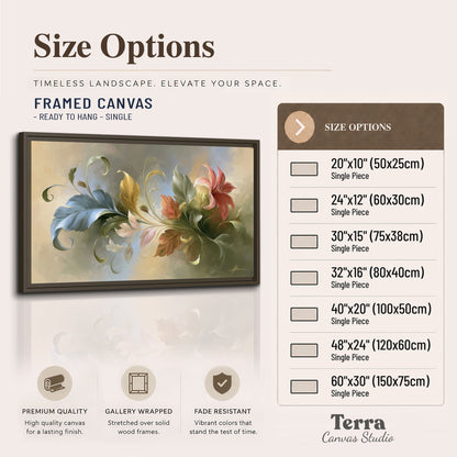 Curving blue, cream and warm red lily-like flowers on a softly shaded background single framed canvas wall art available dimensions