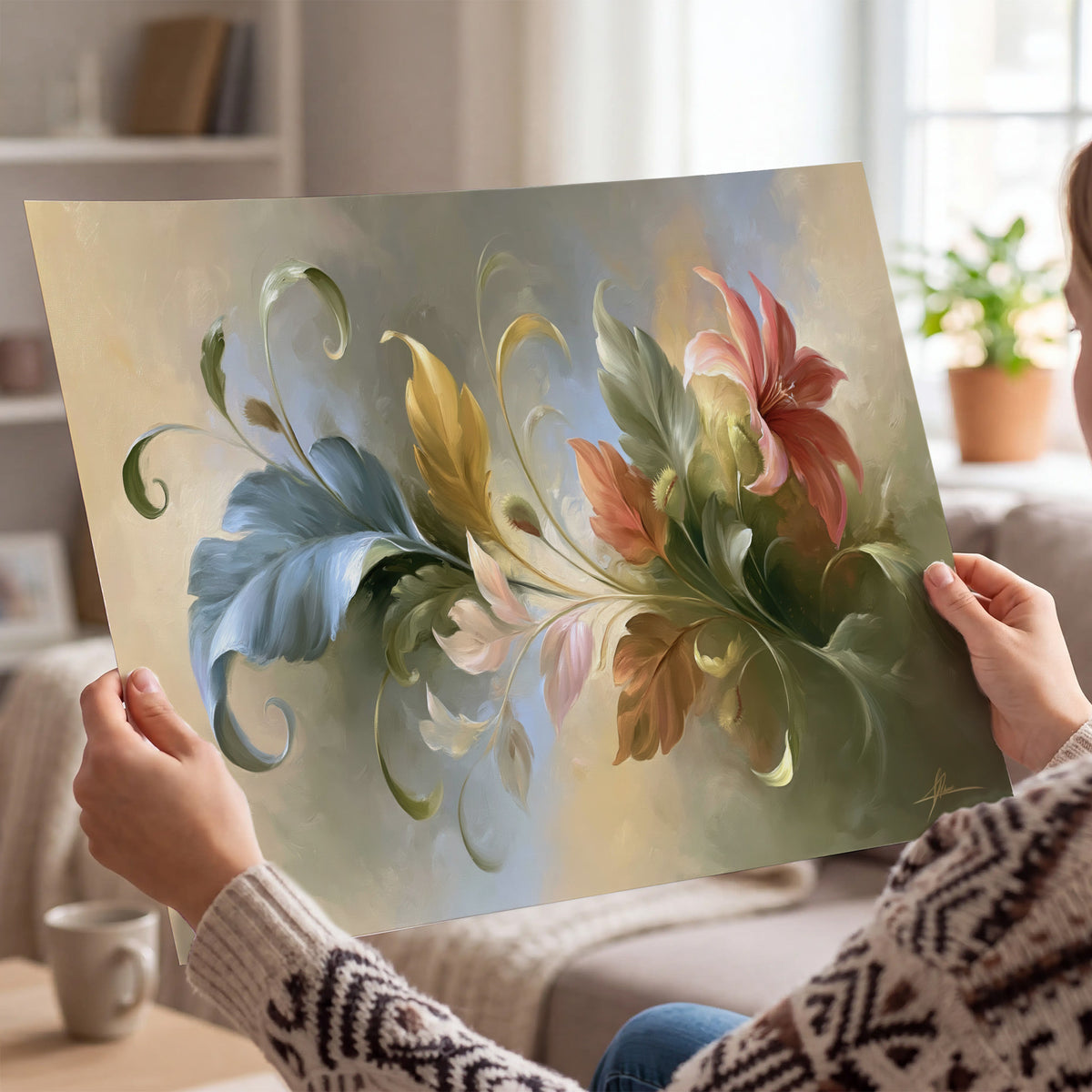Curving blue, cream and warm red lily-like flowers on a softly shaded background single poster print held in hands