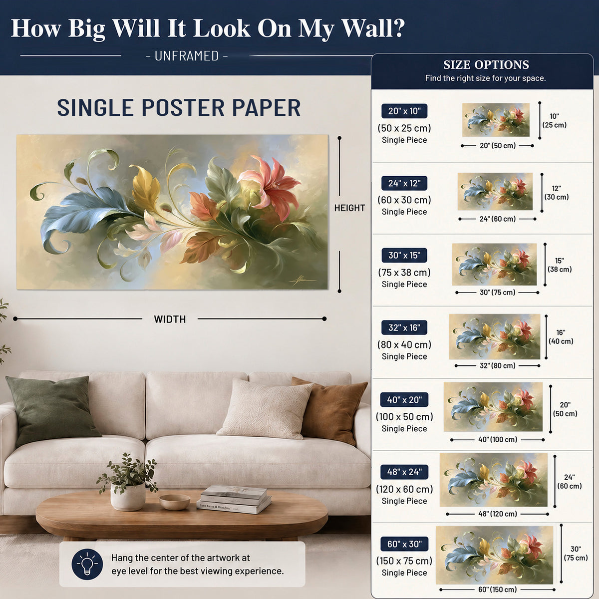 Curving blue, cream and warm red lily-like flowers on a softly shaded background single poster print size guide above a sofa; room view is illustrative