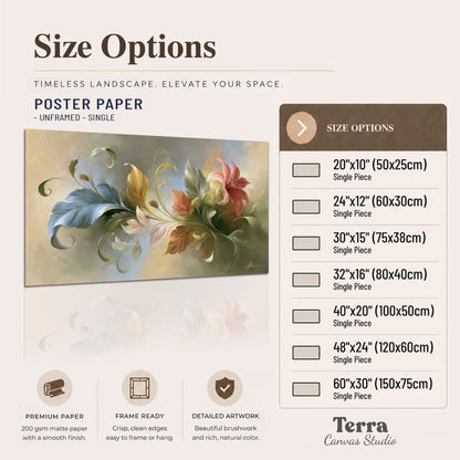 Curving blue, cream and warm red lily-like flowers on a softly shaded background single poster print available dimensions
