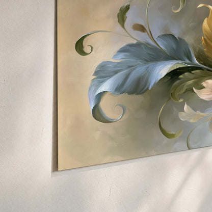 Curving blue, cream and warm red lily-like flowers on a softly shaded background set of 3 poster prints material and edge close up