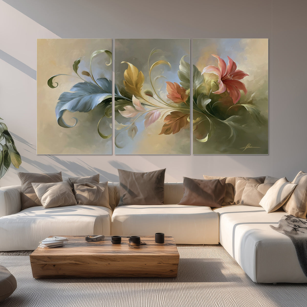 Curving blue, cream and warm red lily-like flowers on a softly shaded background set of 3 poster prints displayed in a living room