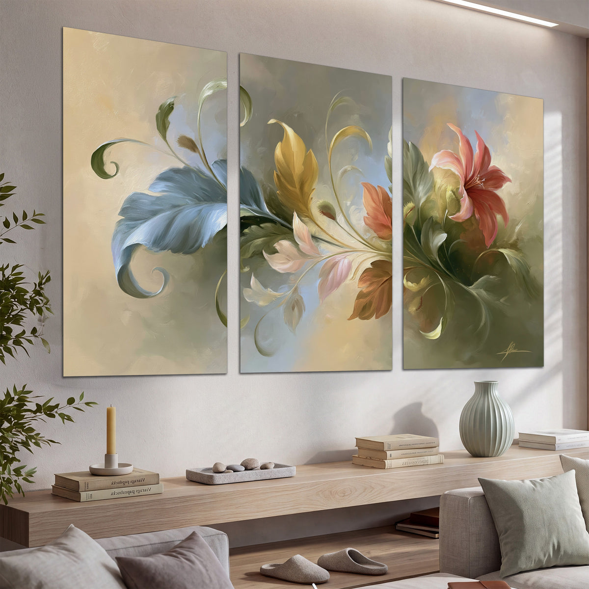 Curving blue, cream and warm red lily-like flowers on a softly shaded background set of 3 poster prints displayed in a console