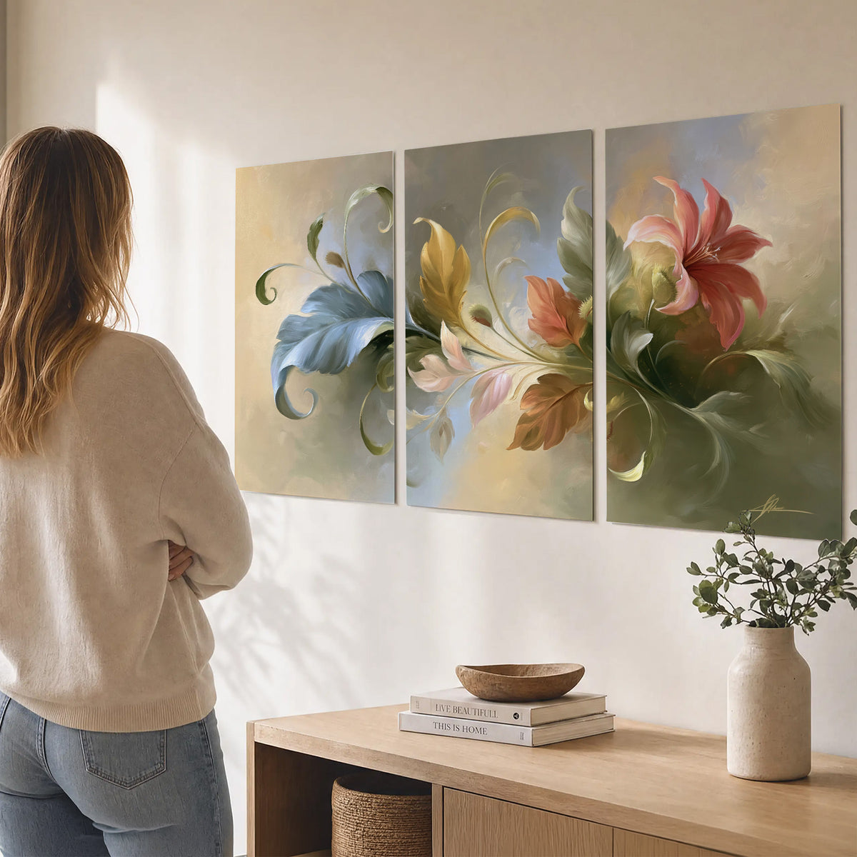 Curving blue, cream and warm red lily-like flowers on a softly shaded background set of 3 poster prints three panel arrangement on a wall