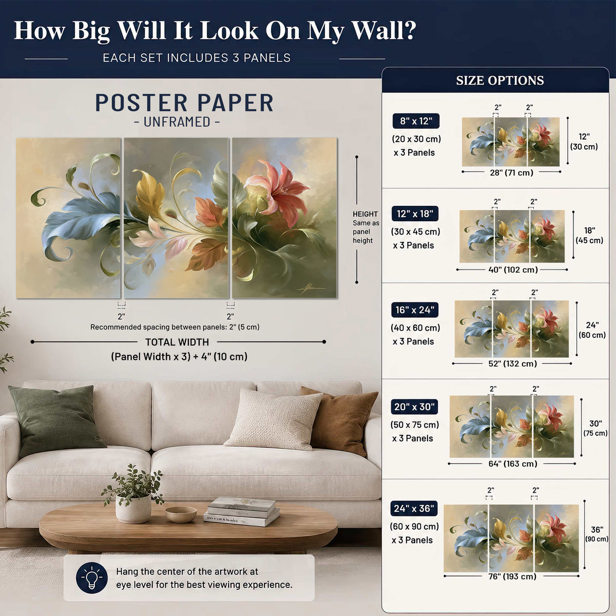 Curving blue, cream and warm red lily-like flowers on a softly shaded background set of 3 poster prints size guide above a sofa; room view is illustrative