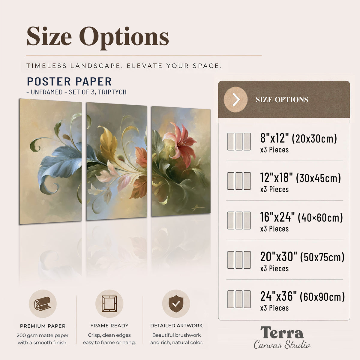 Curving blue, cream and warm red lily-like flowers on a softly shaded background set of 3 poster prints available dimensions; triptych dimensions are per panel