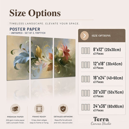 Curving blue, cream and warm red lily-like flowers on a softly shaded background set of 3 poster prints available dimensions; triptych dimensions are per panel