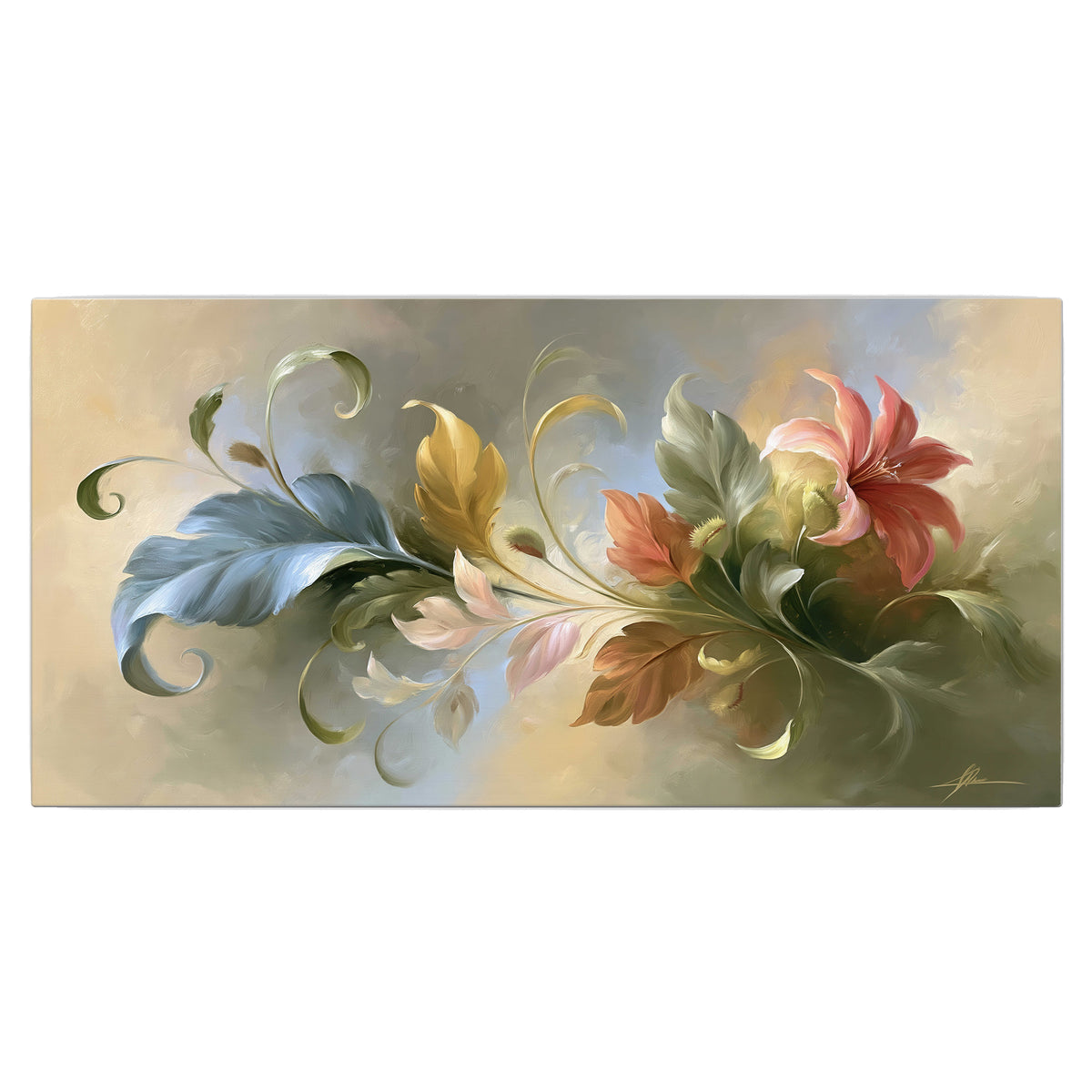 Curving blue, cream and warm red lily-like flowers on a softly shaded background single canvas wall art viewed straight on