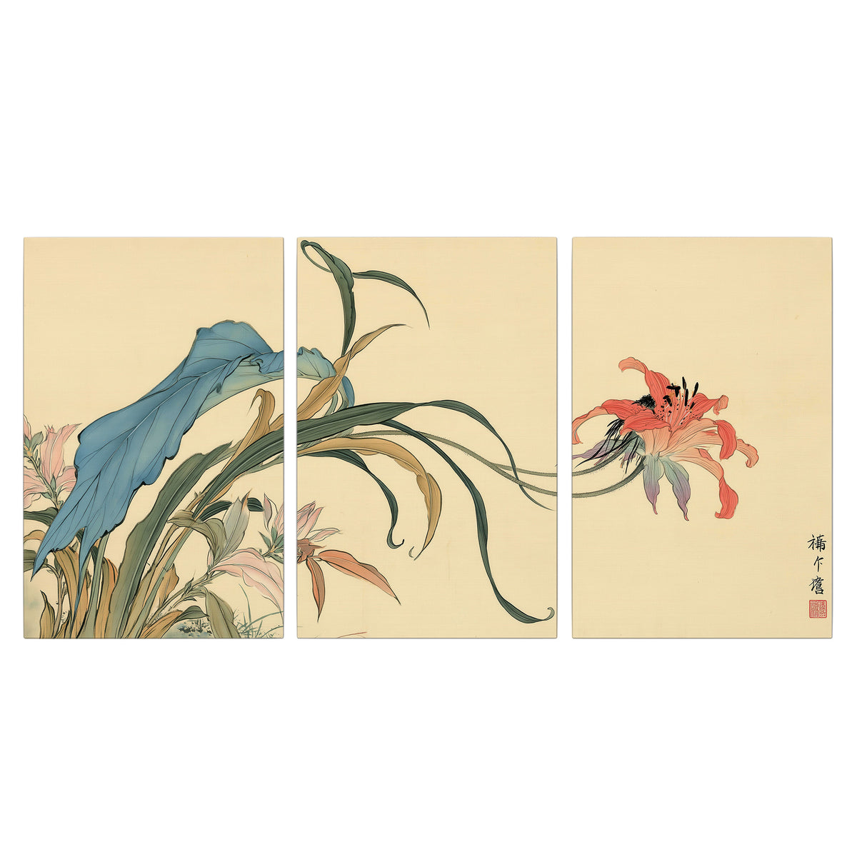 A delicate red flower and long blue-green leaves on a warm cream ground 3 piece canvas wall art viewed straight on