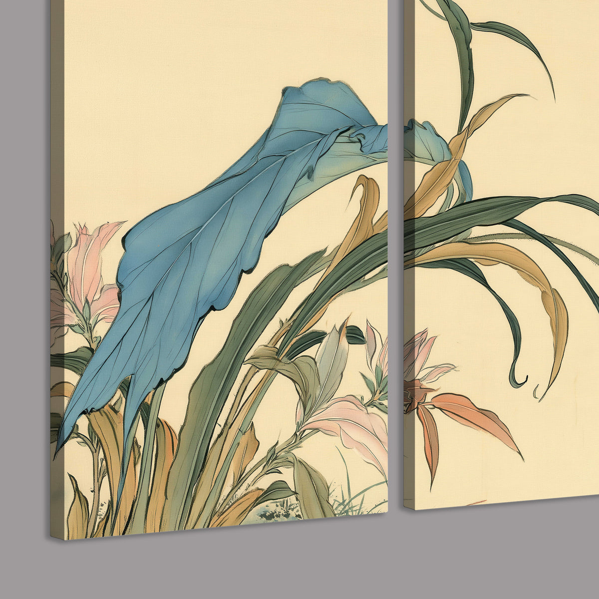 A delicate red flower and long blue-green leaves on a warm cream ground 3 piece canvas wall art room and product view