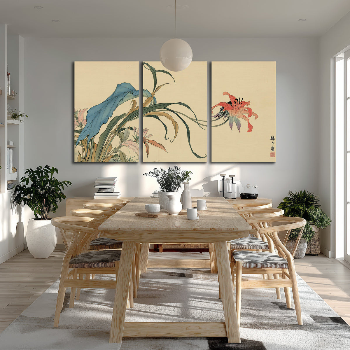 A delicate red flower and long blue-green leaves on a warm cream ground 3 piece canvas wall art room and product view