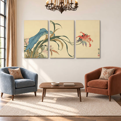 A delicate red flower and long blue-green leaves on a warm cream ground 3 piece canvas wall art styled in an interior