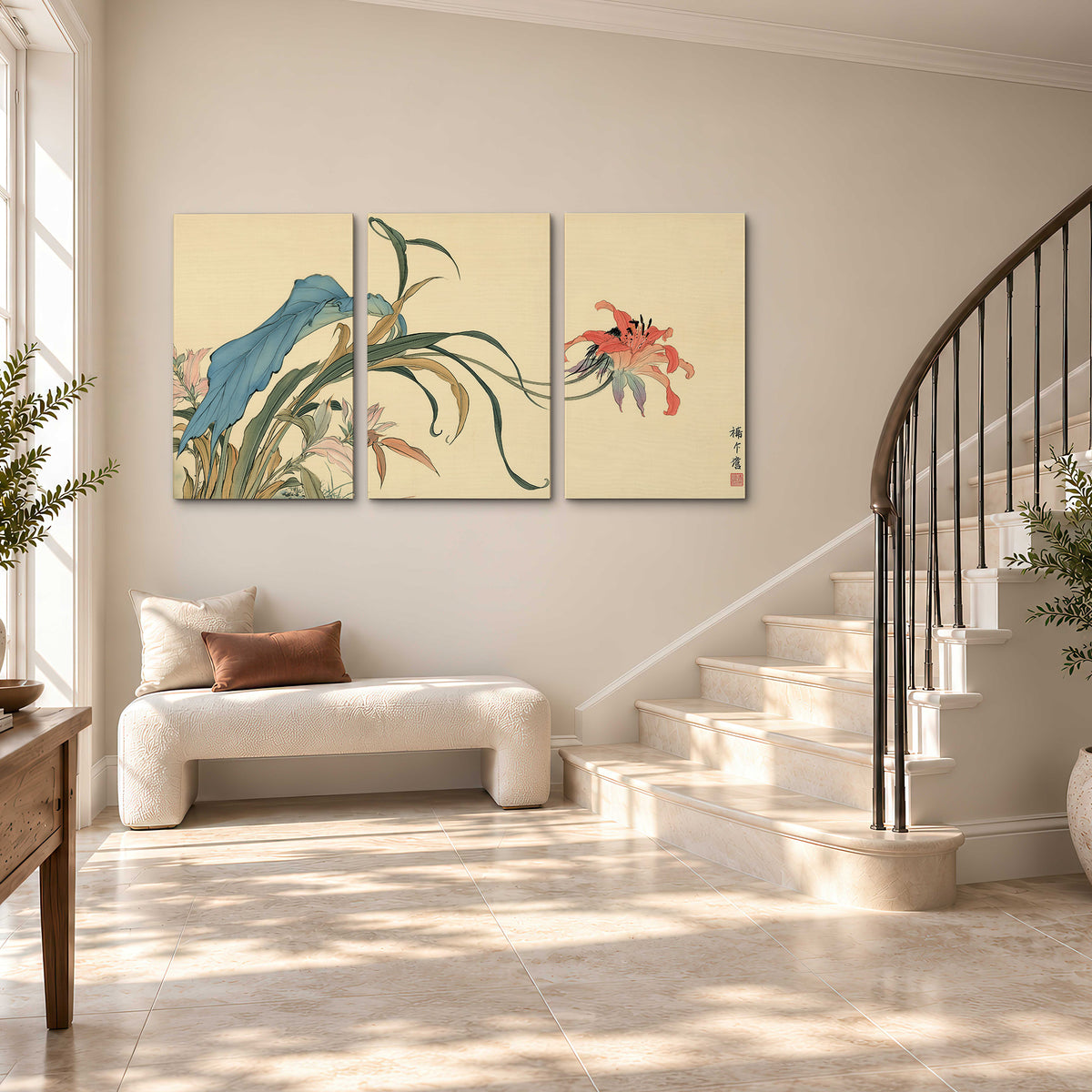 A delicate red flower and long blue-green leaves on a warm cream ground 3 piece canvas wall art styled in an interior