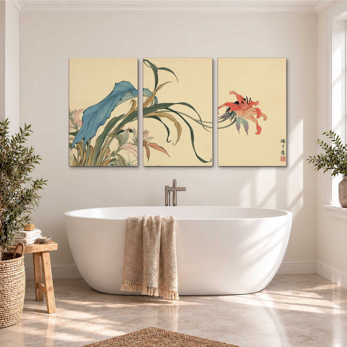 A delicate red flower and long blue-green leaves on a warm cream ground 3 piece canvas wall art styled in an interior