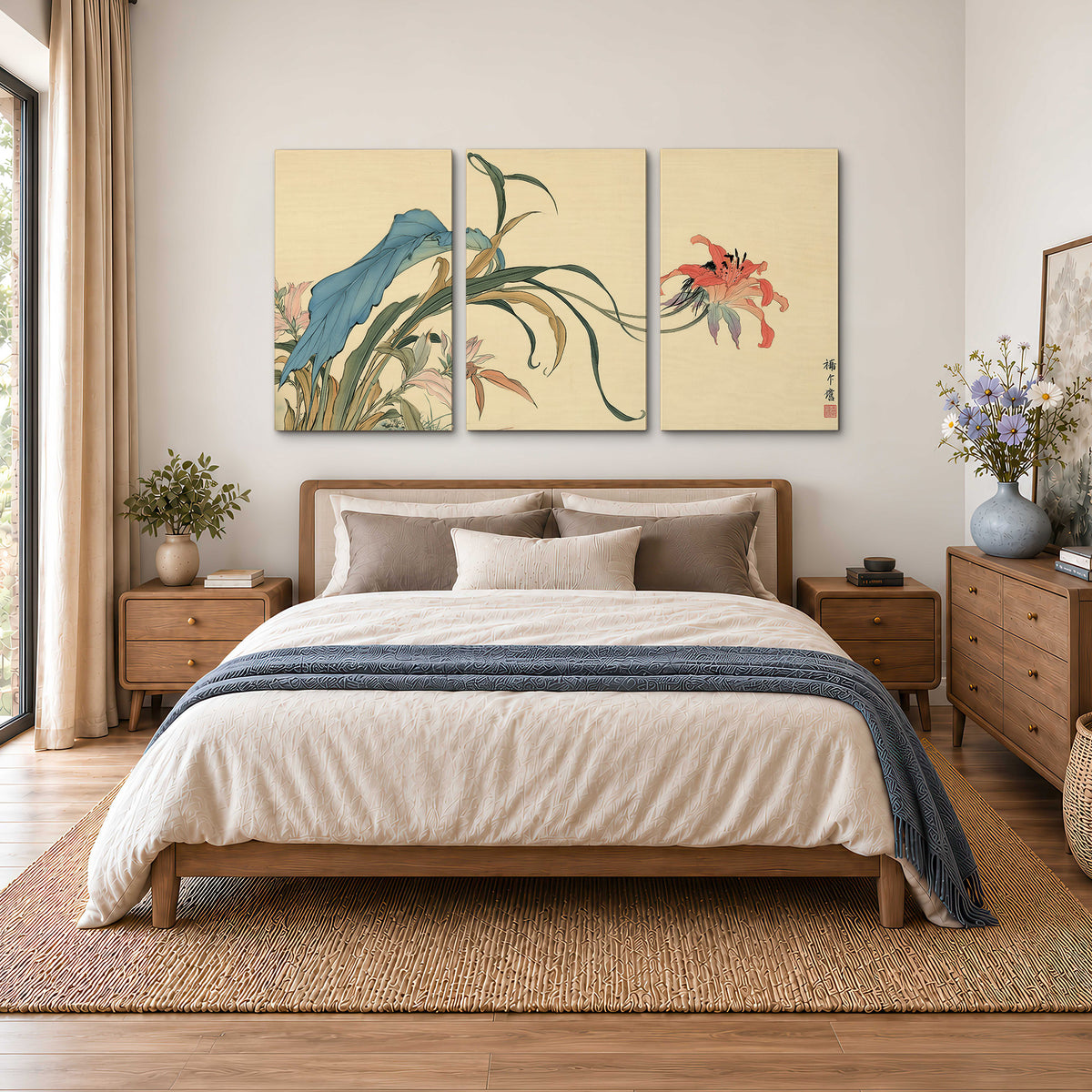 A delicate red flower and long blue-green leaves on a warm cream ground 3 piece canvas wall art styled in an interior