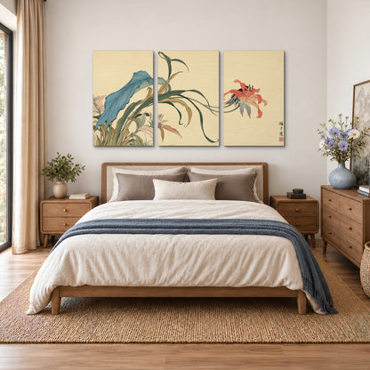 A delicate red flower and long blue-green leaves on a warm cream ground 3 piece canvas wall art styled in an interior