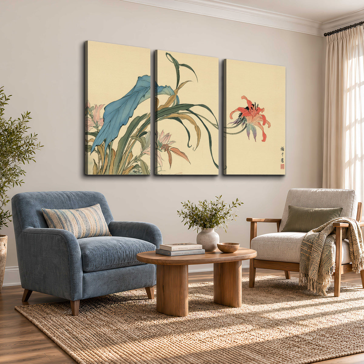 A delicate red flower and long blue-green leaves on a warm cream ground 3 piece canvas wall art styled in an interior
