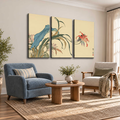A delicate red flower and long blue-green leaves on a warm cream ground 3 piece canvas wall art styled in an interior