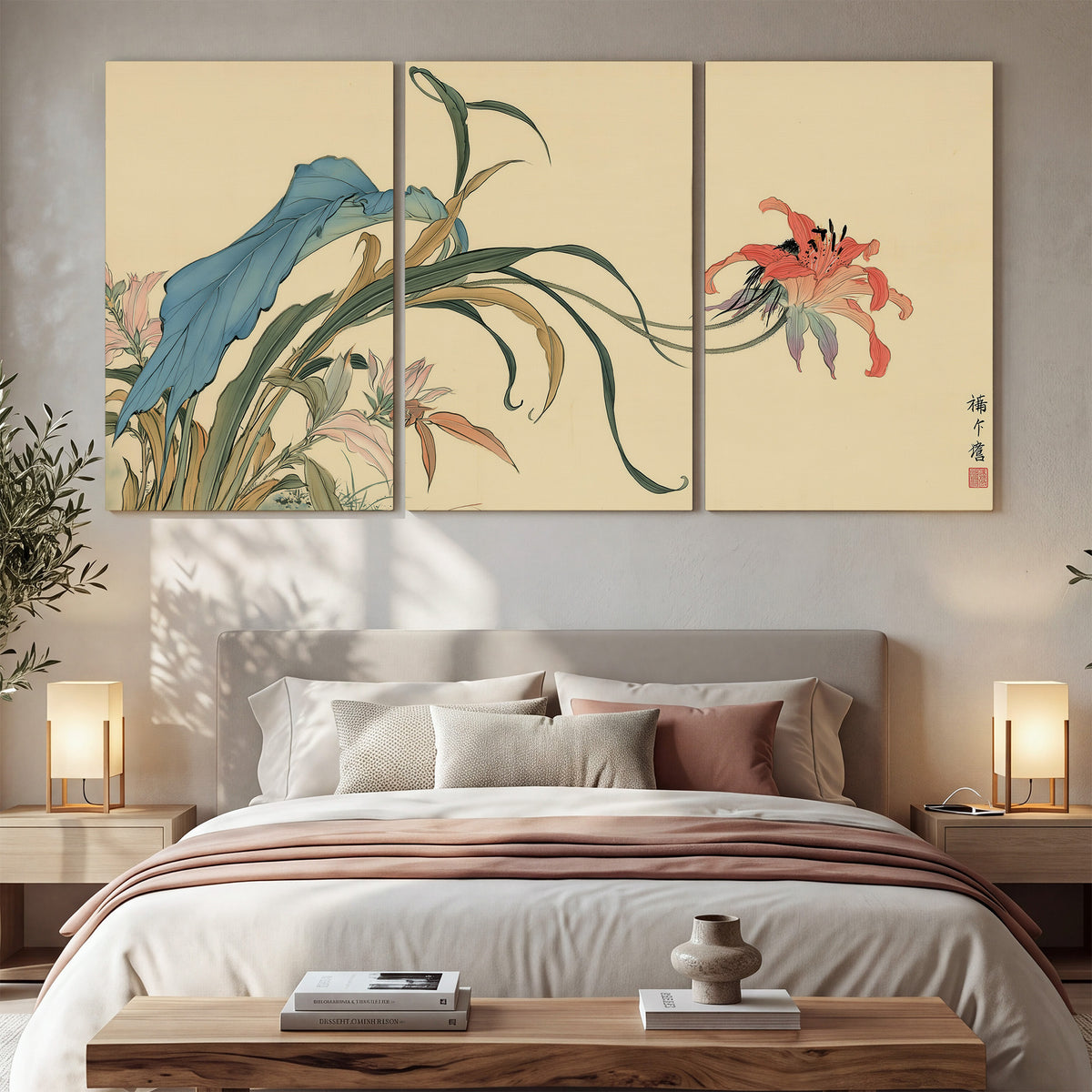 A delicate red flower and long blue-green leaves on a warm cream ground 3 piece canvas wall art displayed in a bedroom