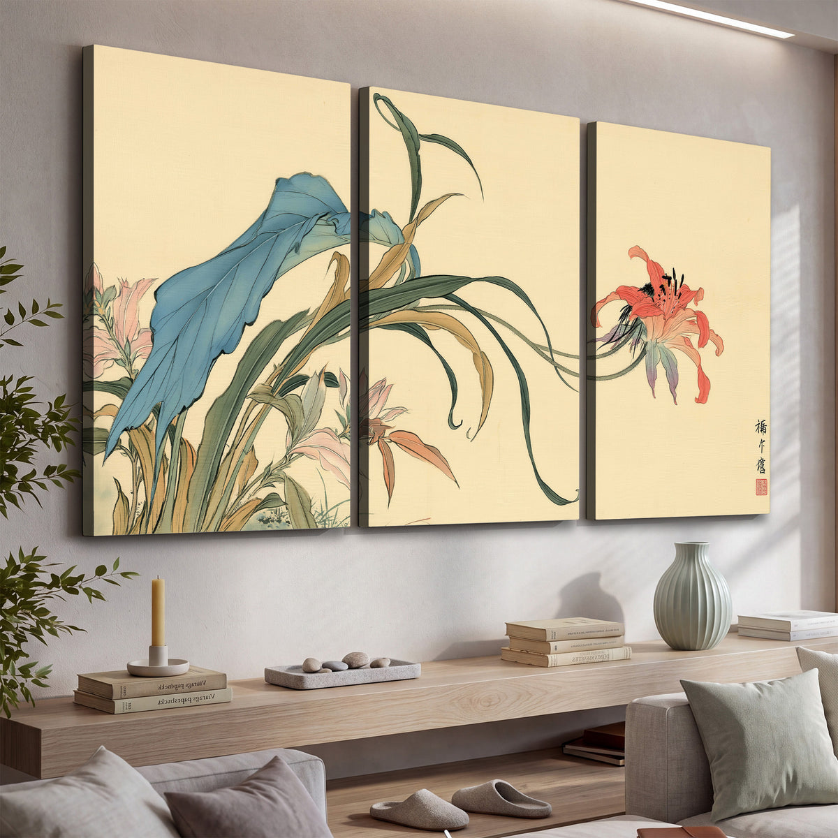 A delicate red flower and long blue-green leaves on a warm cream ground 3 piece canvas wall art displayed in a console