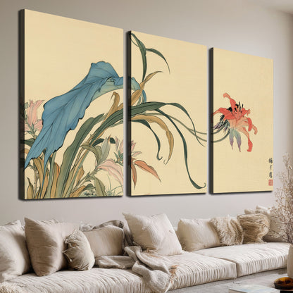 A delicate red flower and long blue-green leaves on a warm cream ground 3 piece canvas wall art room and product view