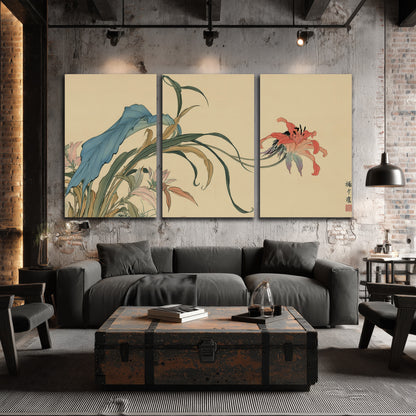 A delicate red flower and long blue-green leaves on a warm cream ground 3 piece canvas wall art displayed in a industrial room