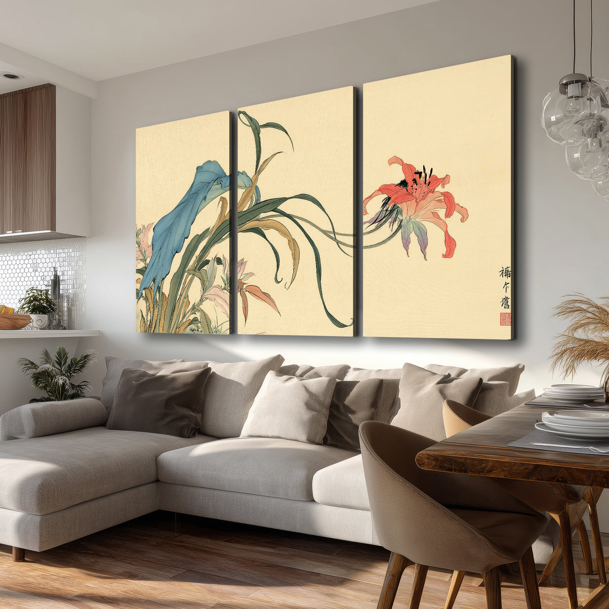 A delicate red flower and long blue-green leaves on a warm cream ground 3 piece canvas wall art room and product view