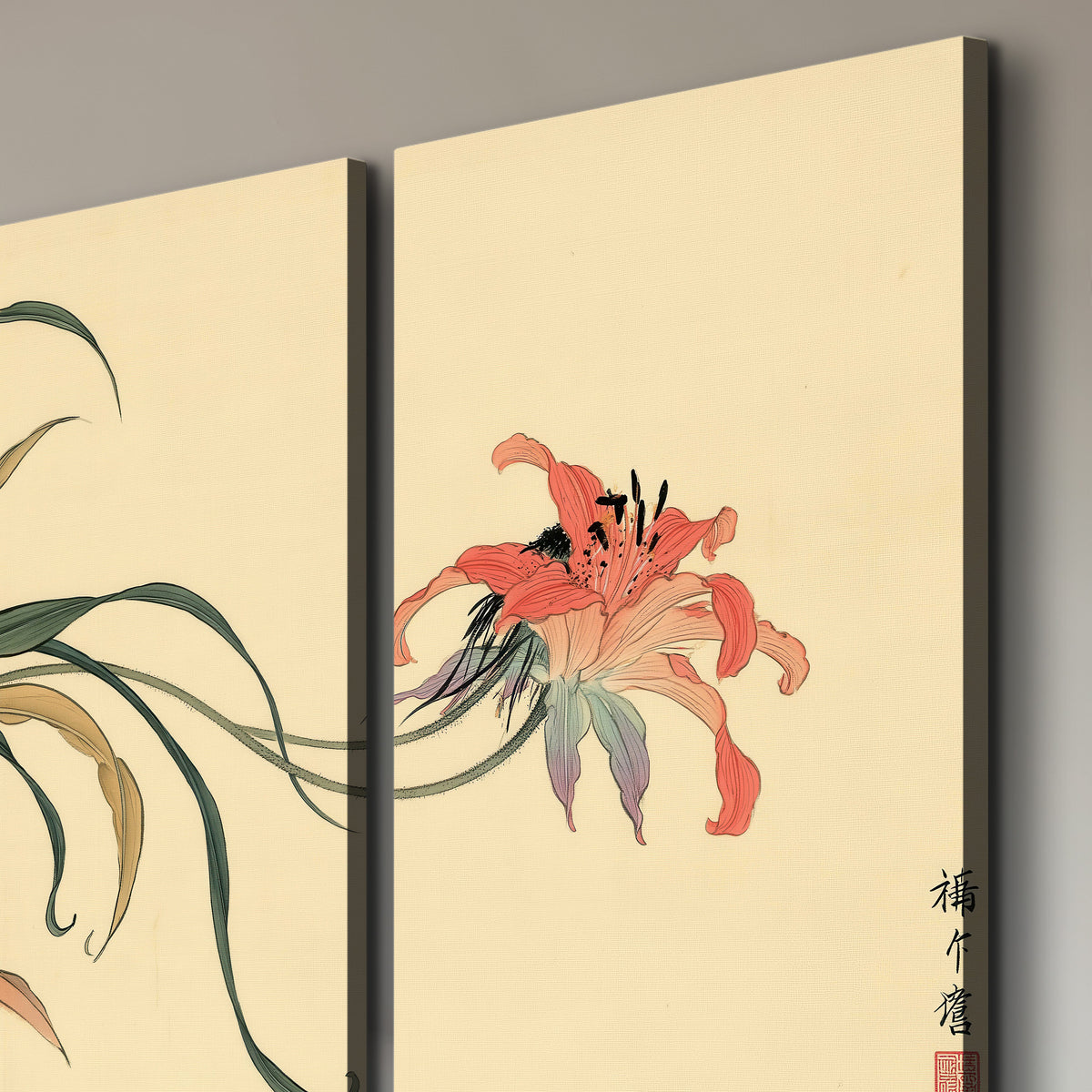 A delicate red flower and long blue-green leaves on a warm cream ground 3 piece canvas wall art room and product view