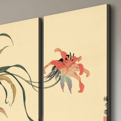 A delicate red flower and long blue-green leaves on a warm cream ground 3 piece canvas wall art room and product view