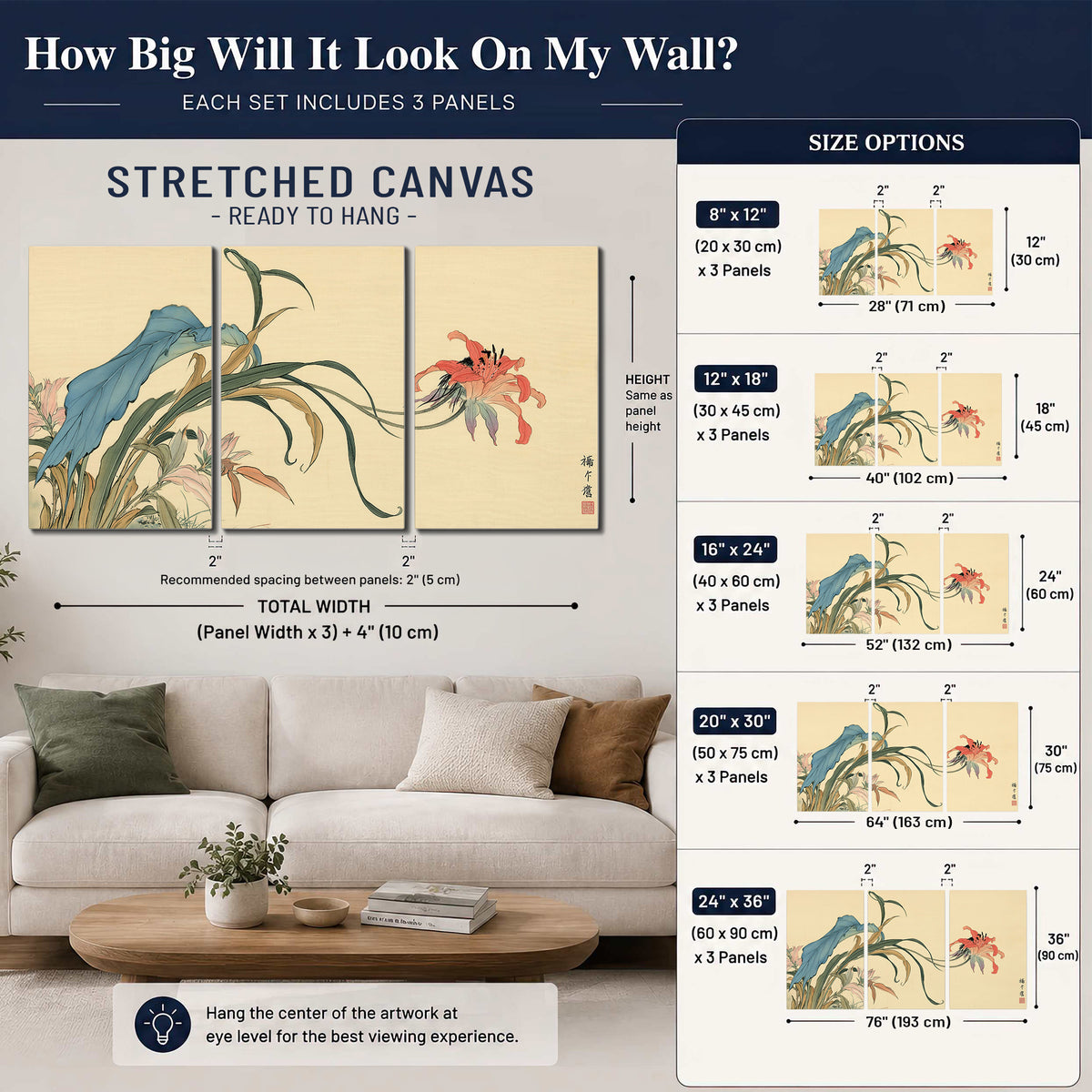 A delicate red flower and long blue-green leaves on a warm cream ground 3 piece canvas wall art size guide above a sofa; room view is illustrative