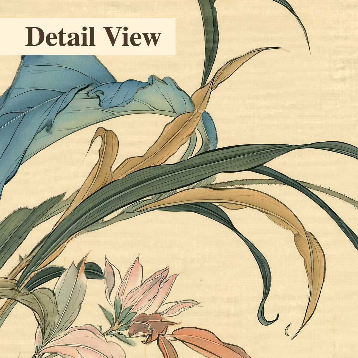 A delicate red flower and long blue-green leaves on a warm cream ground 3 piece canvas wall art artwork detail close up