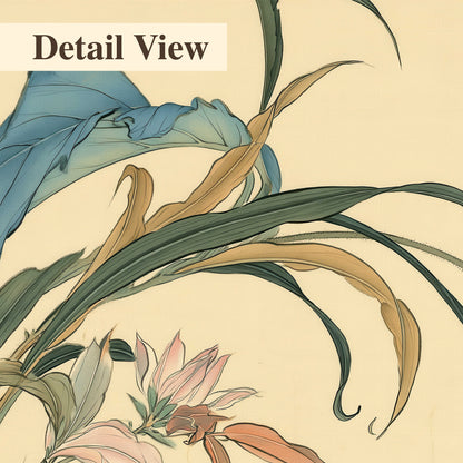 A delicate red flower and long blue-green leaves on a warm cream ground 3 piece canvas wall art artwork detail close up