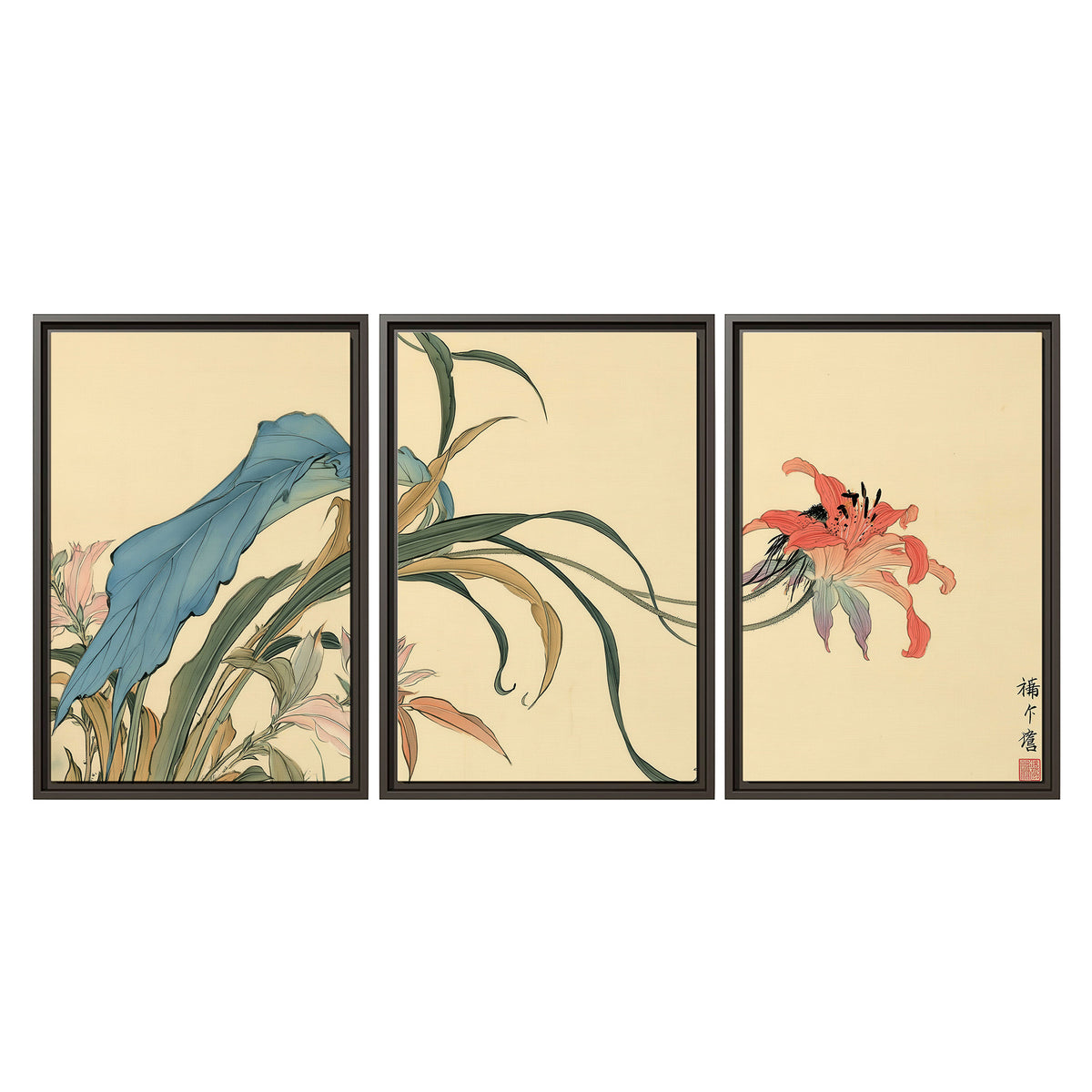 A delicate red flower and long blue-green leaves on a warm cream ground 3 piece framed canvas wall art viewed straight on