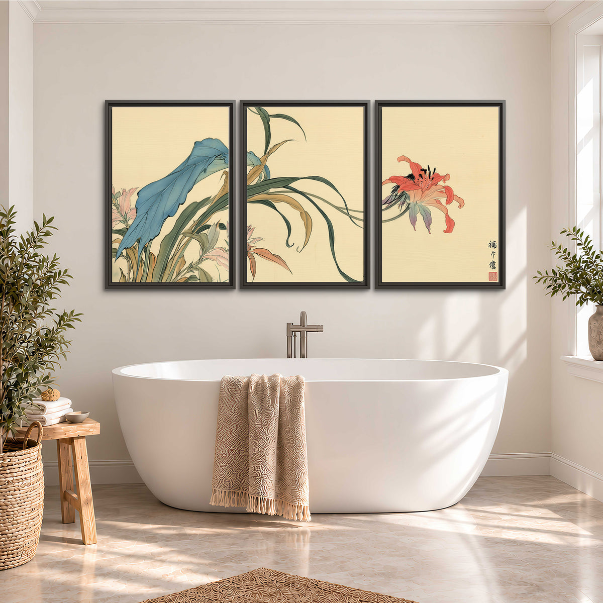 A delicate red flower and long blue-green leaves on a warm cream ground 3 piece framed canvas wall art styled in an interior