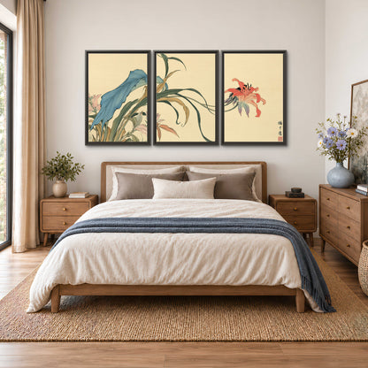 A delicate red flower and long blue-green leaves on a warm cream ground 3 piece framed canvas wall art styled in an interior