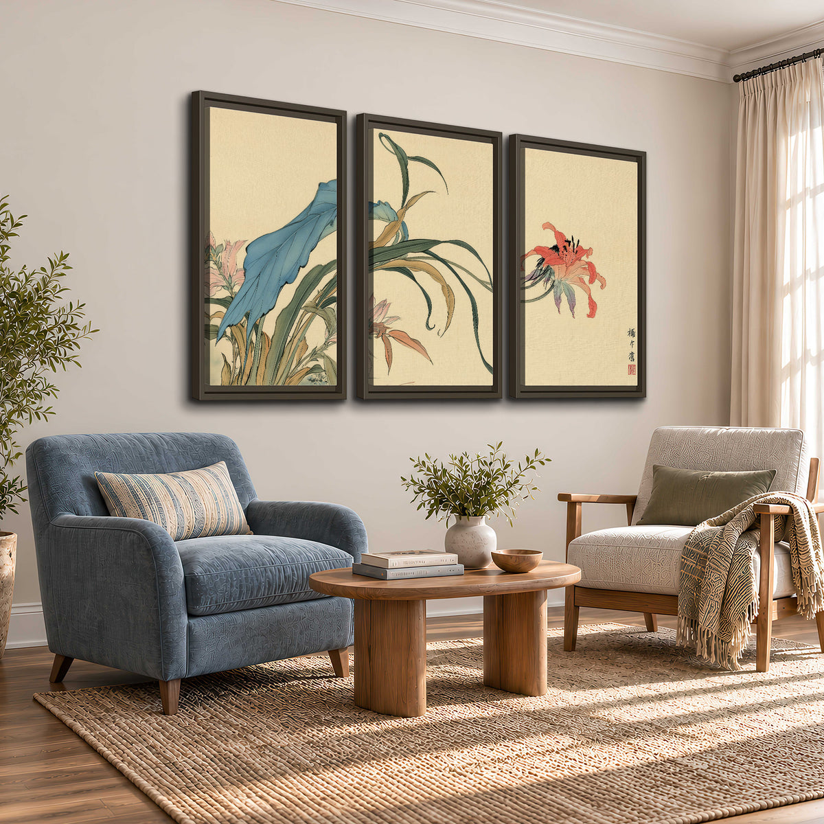A delicate red flower and long blue-green leaves on a warm cream ground 3 piece framed canvas wall art styled in an interior