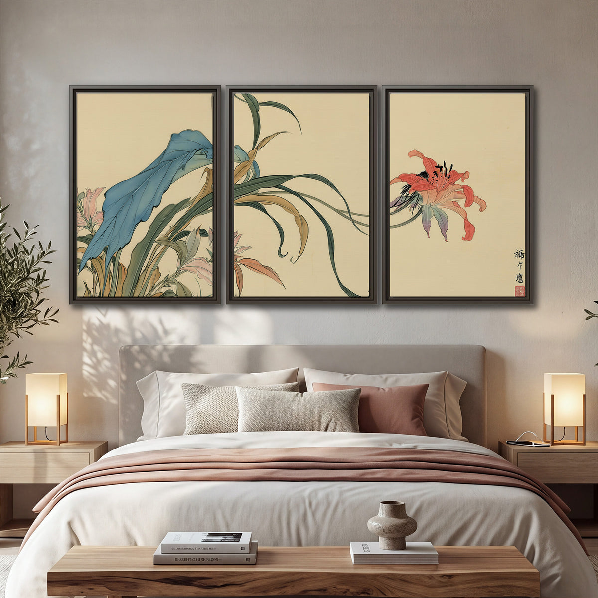 A delicate red flower and long blue-green leaves on a warm cream ground 3 piece framed canvas wall art displayed in a bedroom