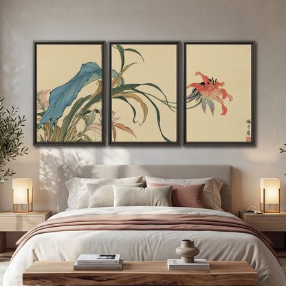A delicate red flower and long blue-green leaves on a warm cream ground 3 piece framed canvas wall art displayed in a bedroom