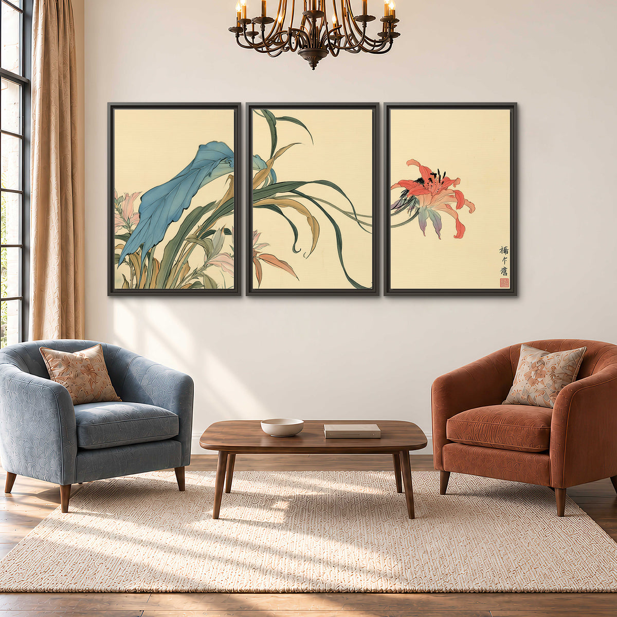 A delicate red flower and long blue-green leaves on a warm cream ground 3 piece framed canvas wall art styled in an interior