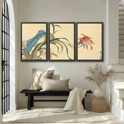 A delicate red flower and long blue-green leaves on a warm cream ground 3 piece framed canvas wall art displayed in a entryway