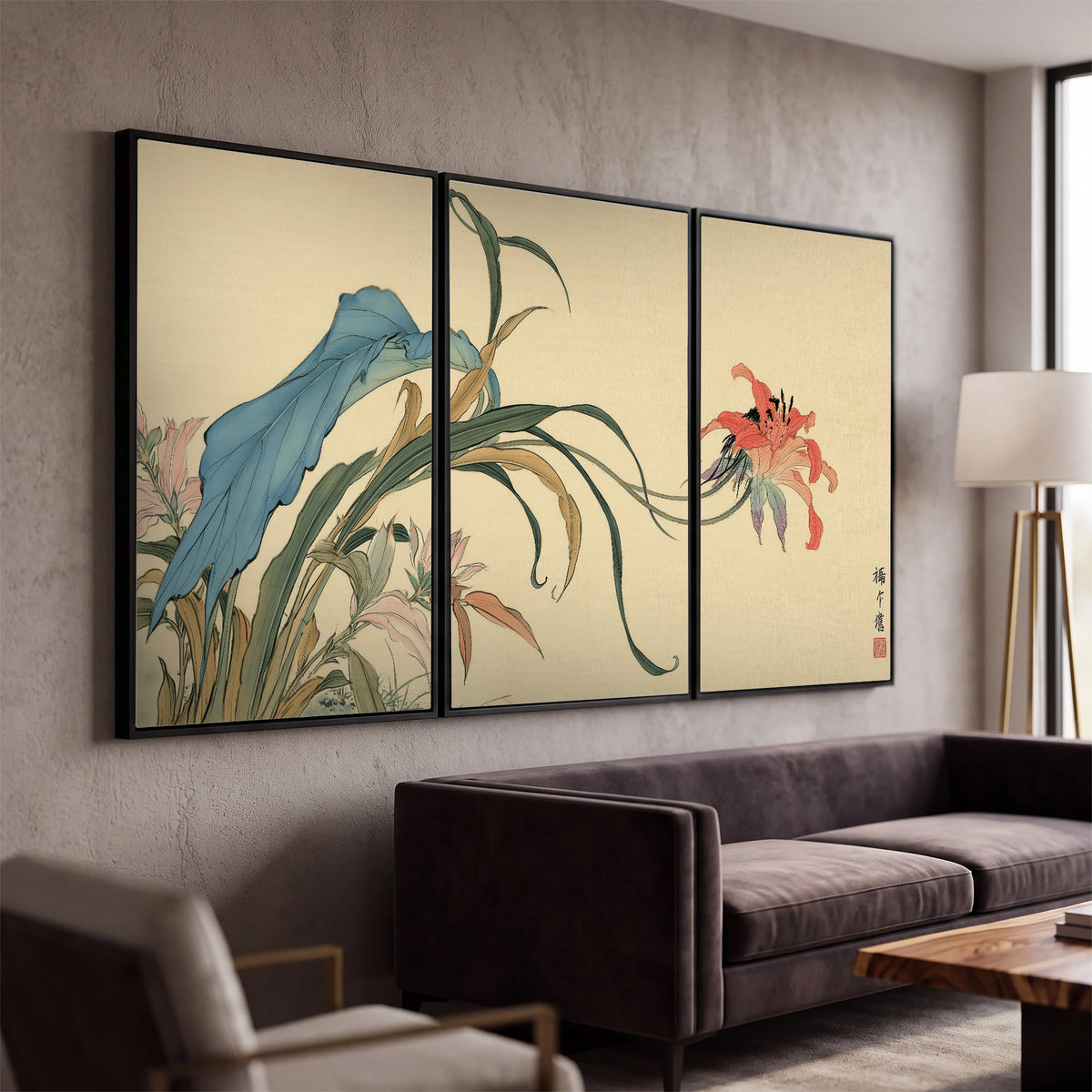 A delicate red flower and long blue-green leaves on a warm cream ground 3 piece framed canvas wall art displayed in a modern living room