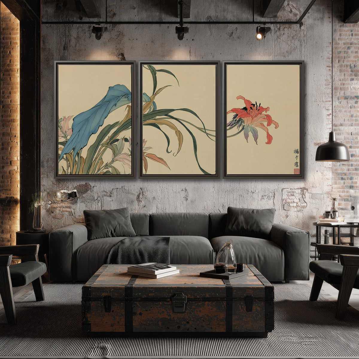 A delicate red flower and long blue-green leaves on a warm cream ground 3 piece framed canvas wall art displayed in a industrial room