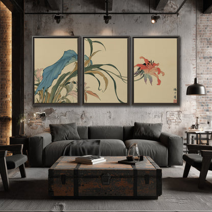 A delicate red flower and long blue-green leaves on a warm cream ground 3 piece framed canvas wall art displayed in a industrial room